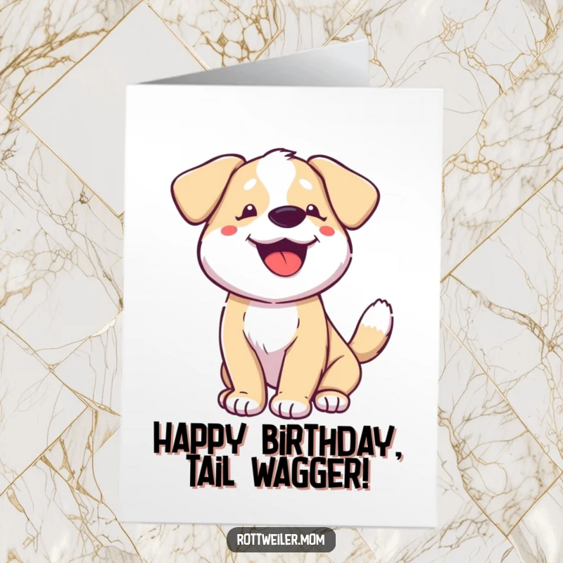 Funny Free Printable Birthday Card: A dog with an enthusiastically wagging tail pants happily, radiating pure birthday cheer.