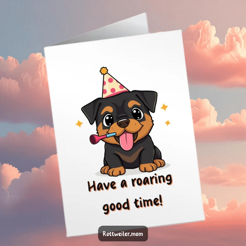 Funny Free Printable Birthday Card: Rottweiler puppy in a party hat, blowing a noisemaker exuberantly for a birthday bash.