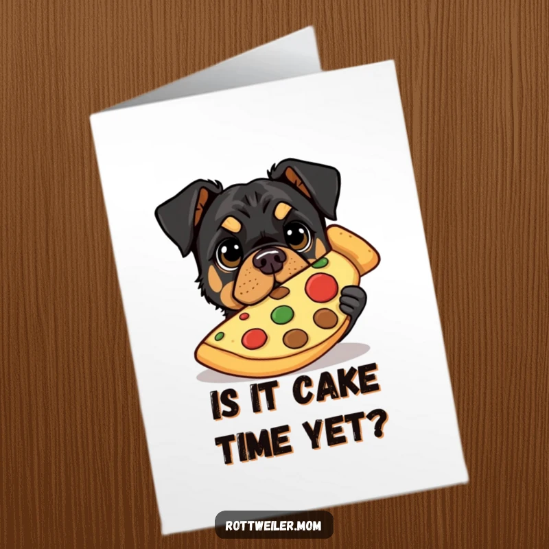 Funny Free Printable Birthday Card: Rottweiler peeking from behind a giant pizza slice