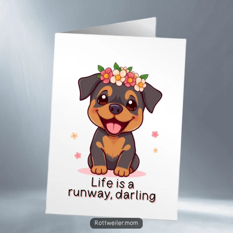 Funny free printable birthday card featuring a rottweiler in a flower crown posing like a supermodel, radiating birthday glam.