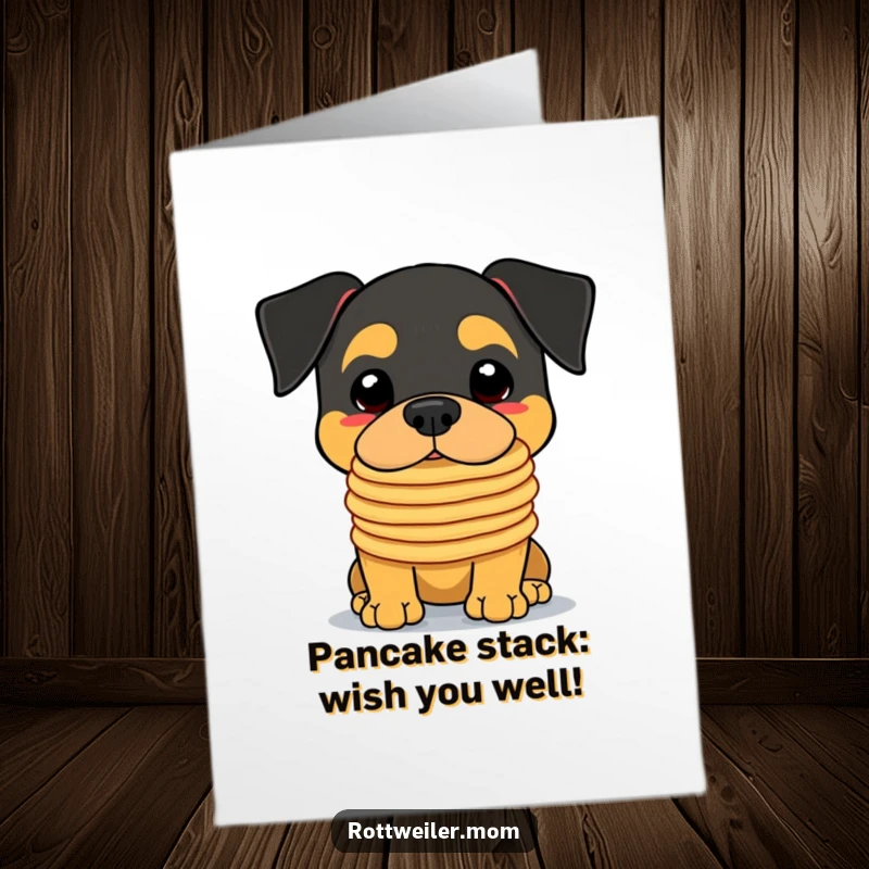 Funny free printable birthday card: Kawaii rottweiler hilariously balances pancakes on its nose.