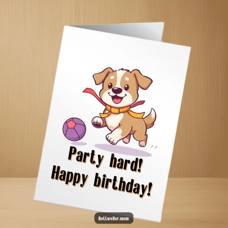 Funny Free Printable Birthday Card: Dog with a bright ribbon playfully chasing a bouncing ball, full of birthday energy.