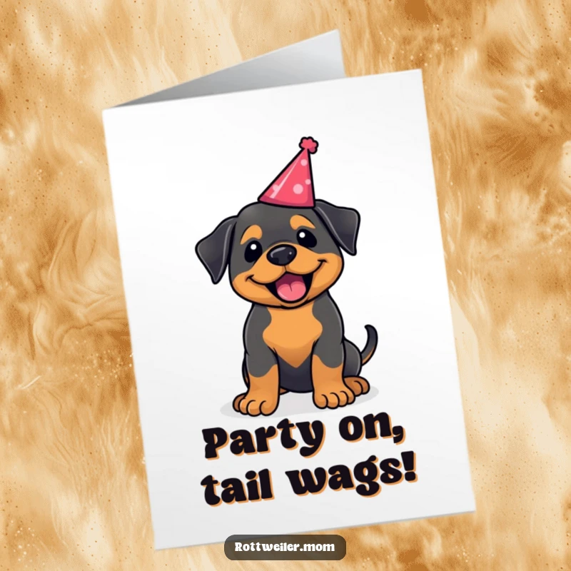 Funny Free Printable Birthday Card: A kawaii Rottweiler with a party hat, excitedly wagging its tail.