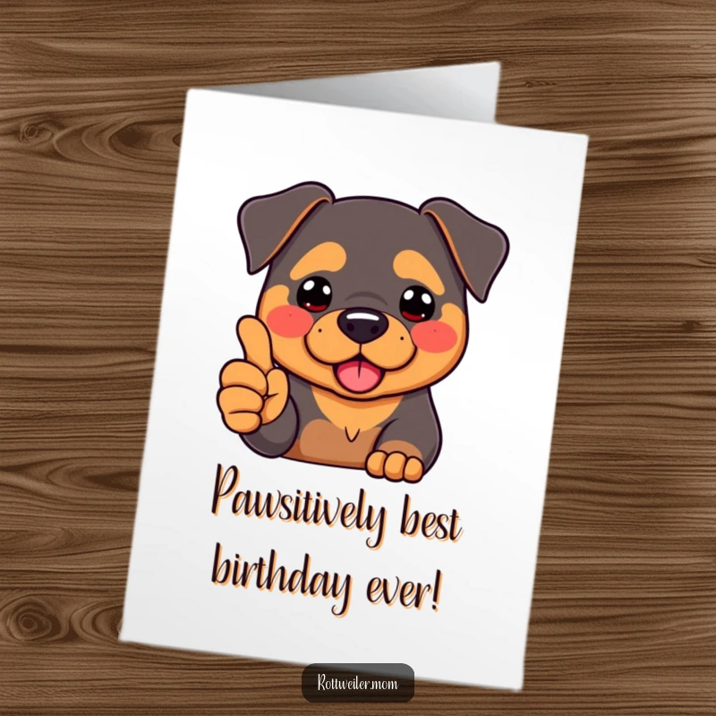 Funny Free Printable Birthday Card: Kawaii Rottweiler with rosy cheeks giving a big thumbs up with its paw.