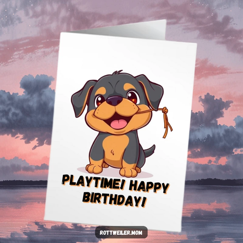 Funny Free Printable Rottweiler birthday card, playful, batting at string, happy eyes, energetic dog.