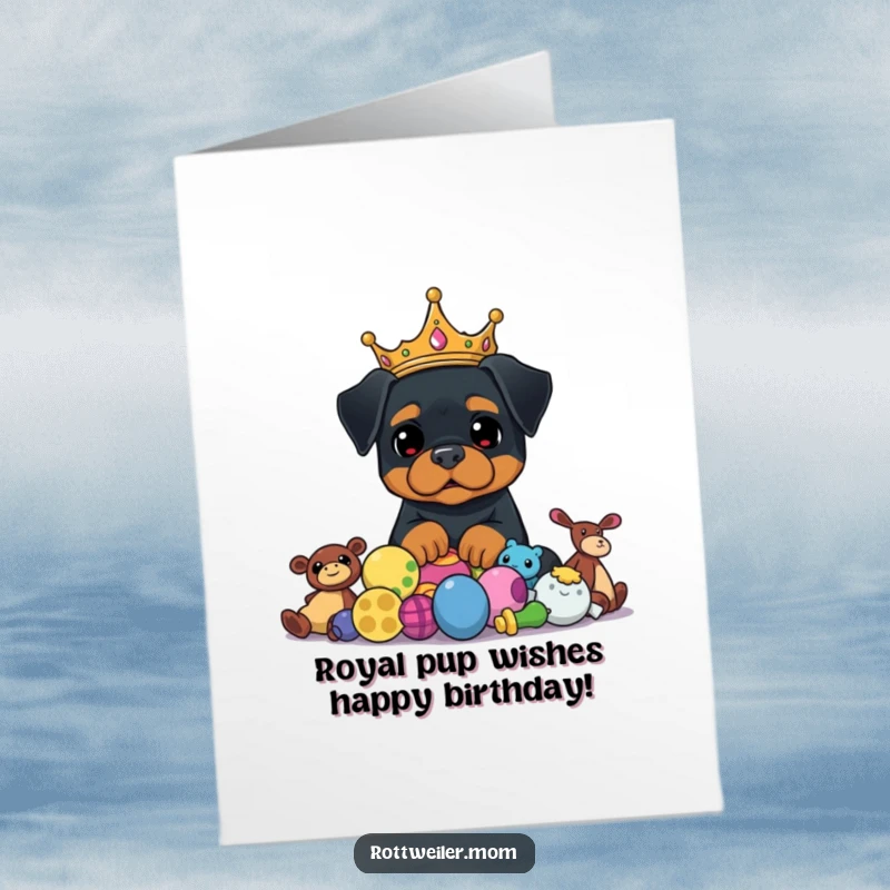 Funny Free Printable Birthday Card: Proud Rottweiler in Crown, Adorning Toys, Royal Dog Humor