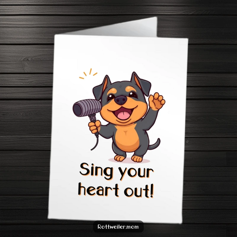 Funny Free Printable Rottweiler birthday card, excited, holding giant microphone, ready to sing, karaoke dog.