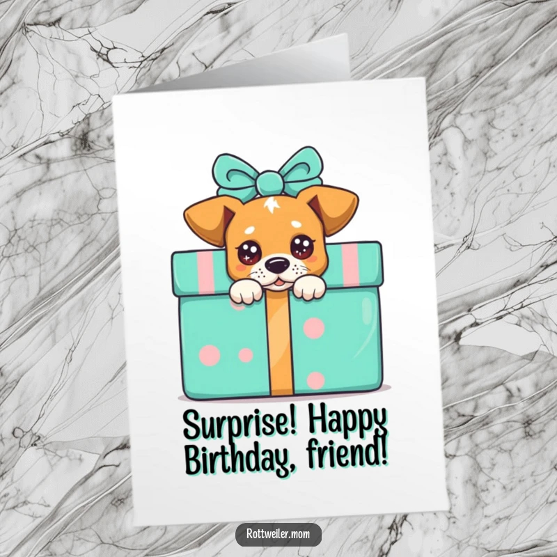 Funny Free Printable Birthday Card: A dog with sparkling eyes peeks out from behind a large, vibrant gift box.