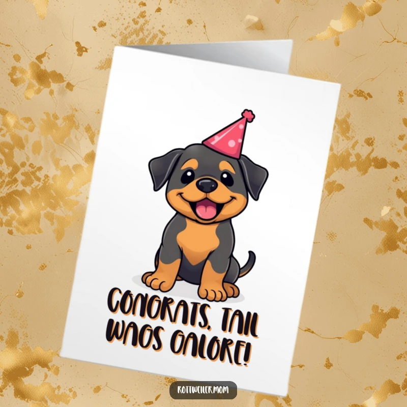 Funny Free Printable Congrats Card: A kawaii Rottweiler in a party hat, joyfully wagging its tail in celebration.