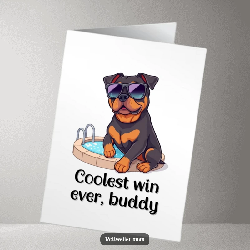Funny free printable congratulations card: a rottweiler sporting sunglasses relaxes by a miniature pool, celebrating success.