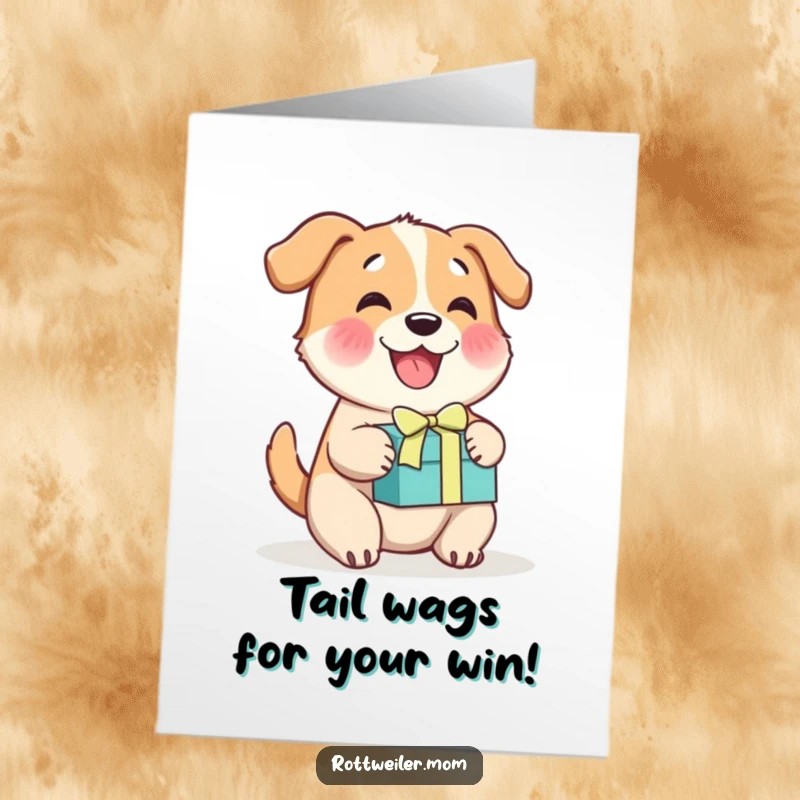 Funny Free Printable Congrats Card: A happy dog enthusiastically wags its tail, presenting a gift box for your achievement.