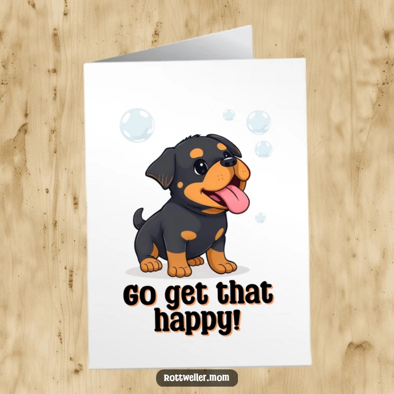 Funny Free Printable Congrats Card: Kawaii Rottweiler with tongue out joyfully catching bubbles, celebrating achievements.