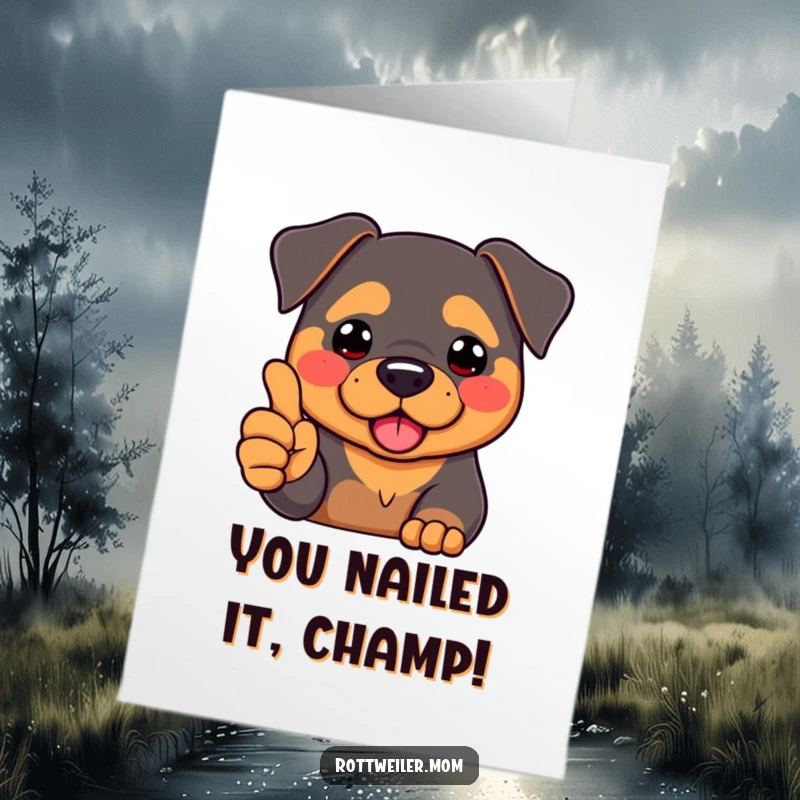 Funny Free Printable Congrats Card: Kawaii Rottweiler with rosy cheeks giving a thumbs up, celebrating success.