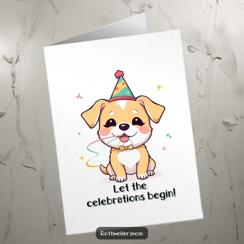 Funny Free Printable Congrats Card: A dog in a party hat gleefully blows streamers, celebrating a momentous occasion with pure delight.