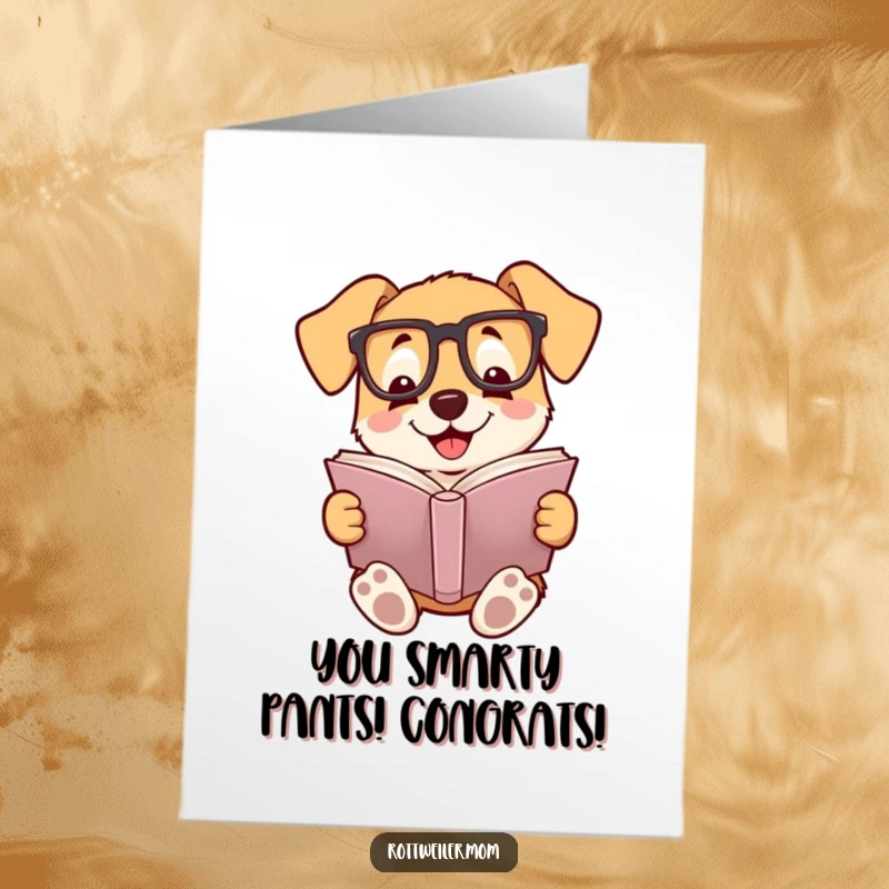 Funny Free Printable Congratulations Card: A dog wearing reading glasses, smiling as it reads a book, celebrating success.