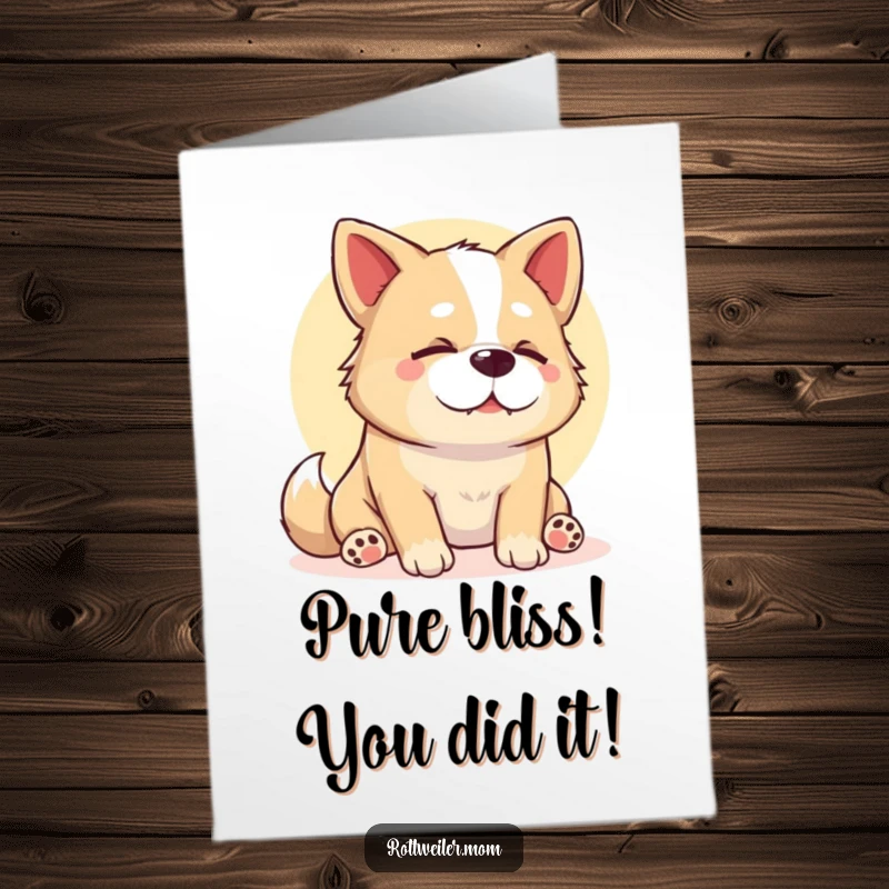Funny Free Printable Congratulations Card showing a stocky dog sighing contentedly in a warm sunbeam, celebrating their win.