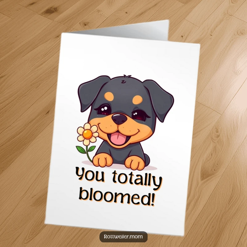 Funny free printable congrats card: A kawaii rottweiler offers a flower with a playful wink.