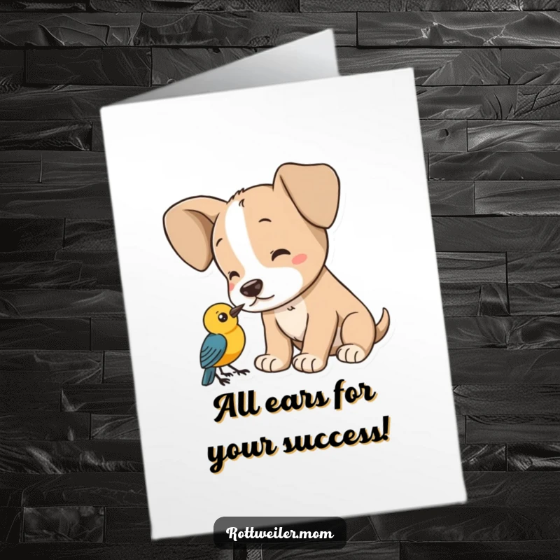 Funny Free Printable Congratulations Card: A puppy with notably large ears is intensely focused on listening to a tiny bird.