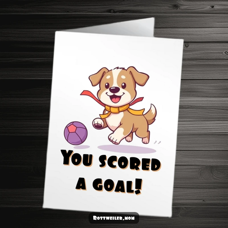 Funny Free Printable Congratulations Card: Dog wearing a bright ribbon gleefully chasing a bouncing ball, celebrating a win.