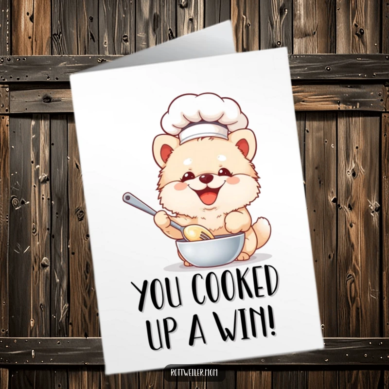 Funny Free Printable Congratulations Card: Dog in chef hat celebrating success by whisking batter with a big spoon.