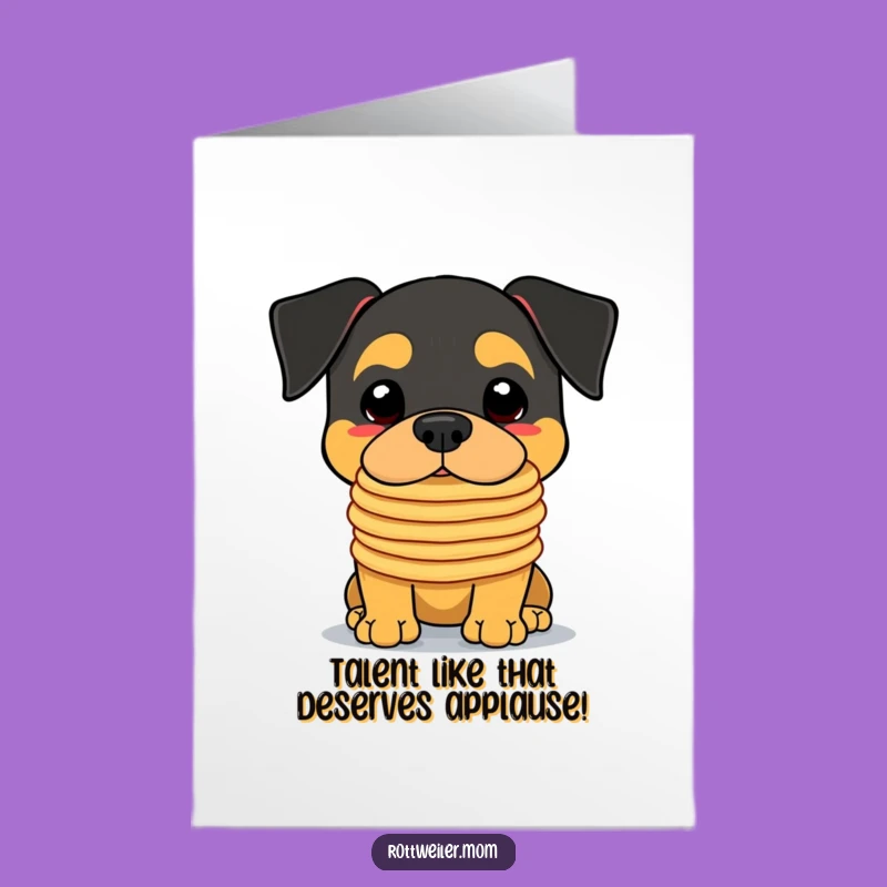 Free Printable Congrats Card: Kawaii Rottweiler Pancake Stack, Humorous Downloadable Art