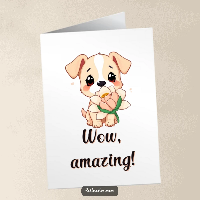 Funny Free Printable Congrats Card: A dog with wide, curious eyes gently sniffs a gigantic flower, symbolizing exploration and new finds.
