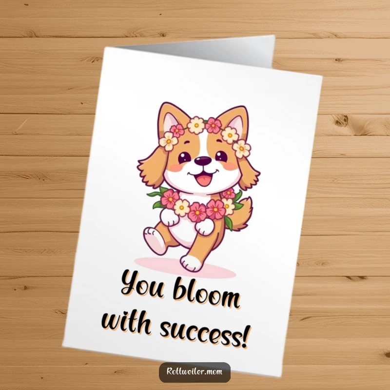 Funny Free Printable Congratulations Card: Dog with a flower garland prancing happily with a wagging tail, celebrating success.