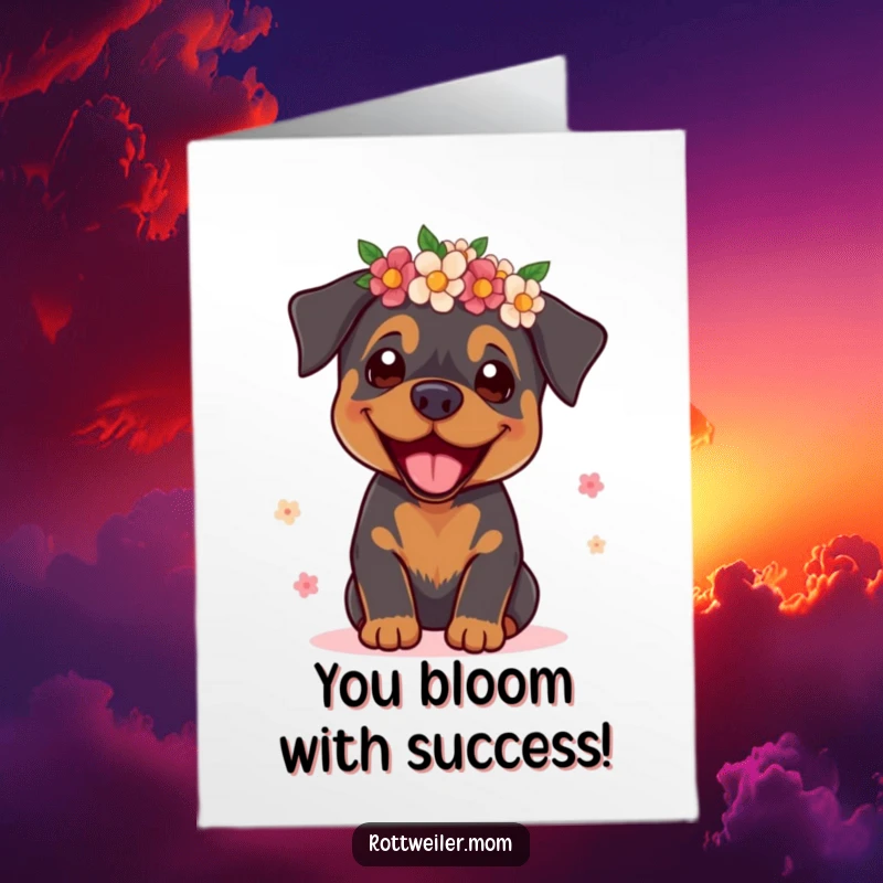 Funny free printable congratulations card: a rottweiler in a flower crown strikes a supermodel pose, celebrating success.