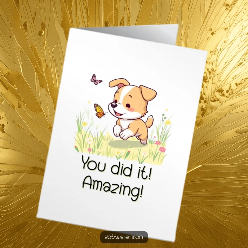 Funny Free Printable Congrats Card: A dog joyfully bounds after a butterfly in a bright, sunny meadow, symbolizing pursuit of success.