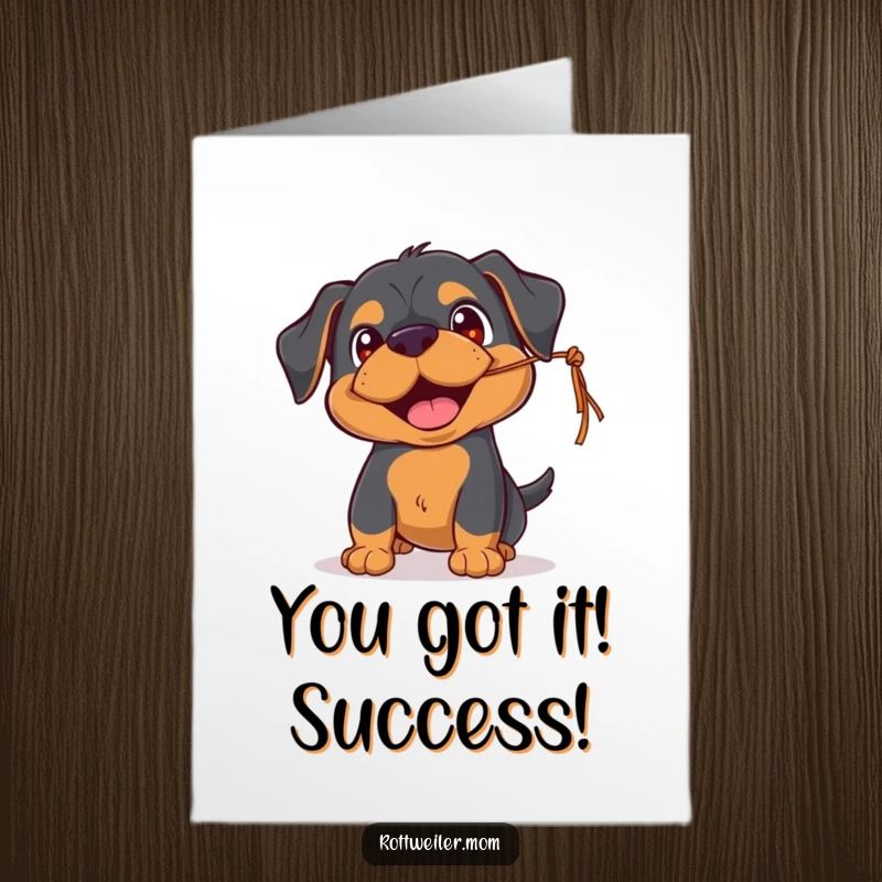 Funny Free Printable Rottweiler congratulations card, playful, batting at string, happy eyes, joyous dog.