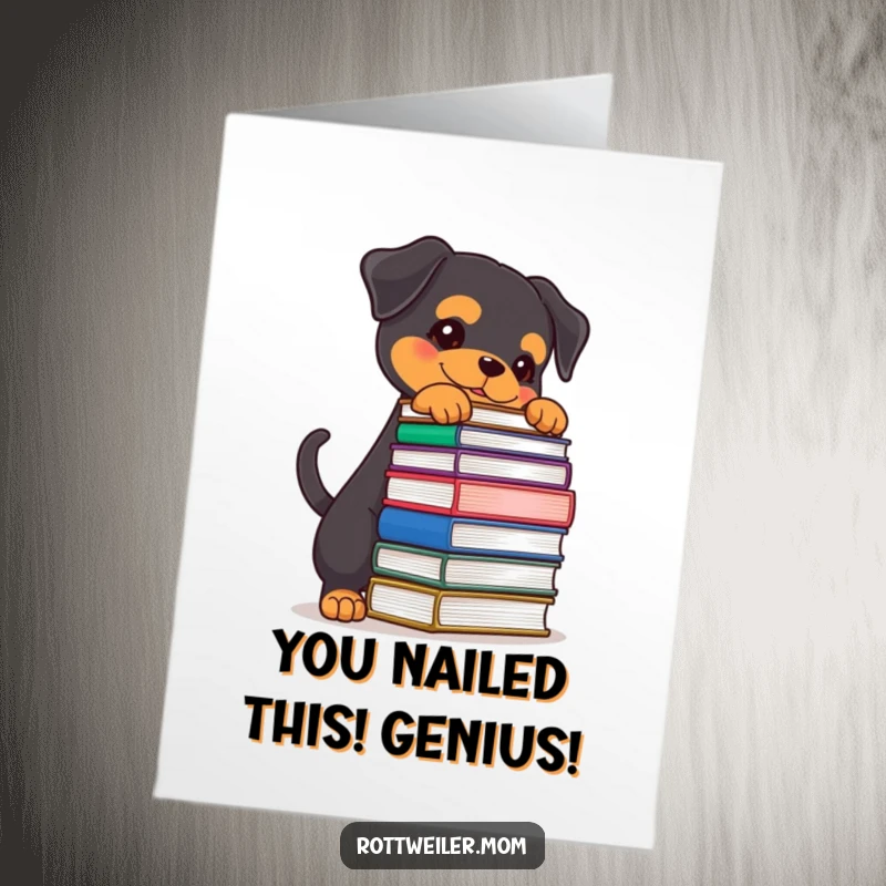 Funny Free Printable Rottweiler congratulations card, determined wagging tail, balancing books, impressive dog feat.