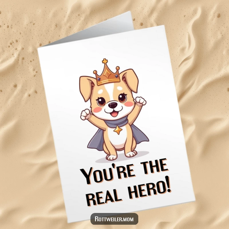 Funny Free Printable Congrats Card: A dog strikes a heroic pose in a crown and cape, ready to celebrate a grand victory.
