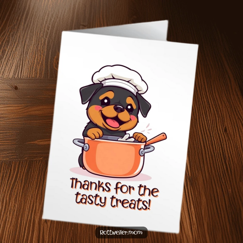 Funny Free Printable Thank You Card: A kawaii Rottweiler in a chef hat, stirring a giant pot with enthusiasm, sending thanks with a culinary twist.