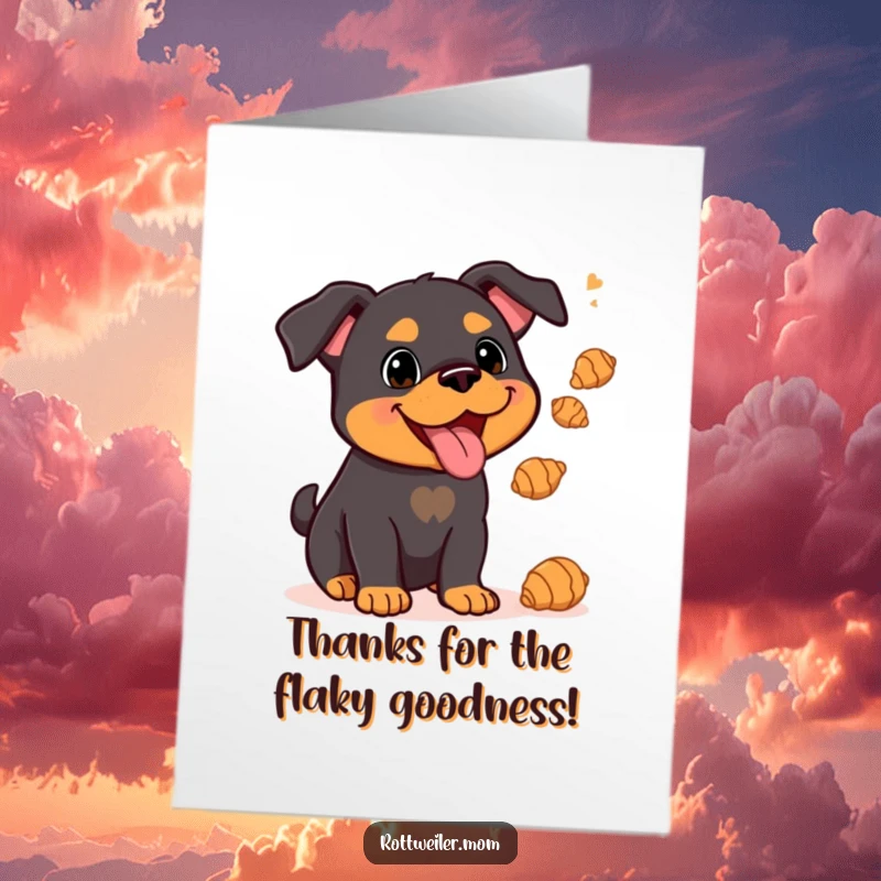 Funny Free Printable Thank You Card: A kawaii Rottweiler juggling tiny croissants with a beaming smile, expressing gratitude with a touch of culinary fun.