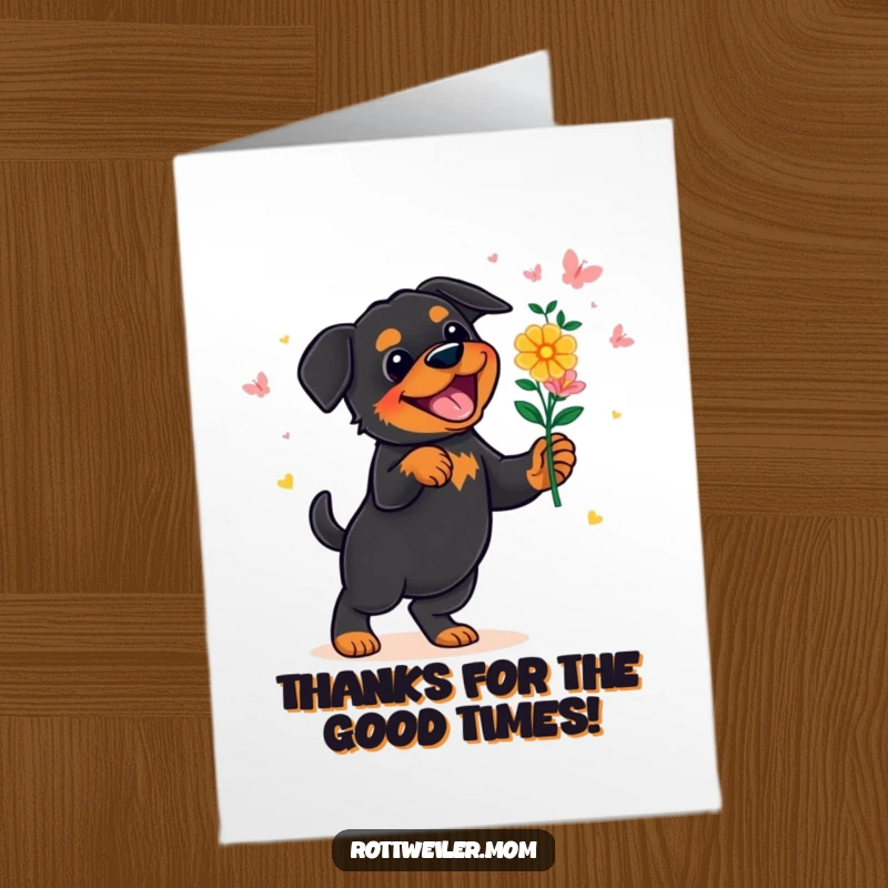 Funny Free Printable Rottweiler Thank You Card: A dog performing an energetic dance with a colorful flower bouquet.