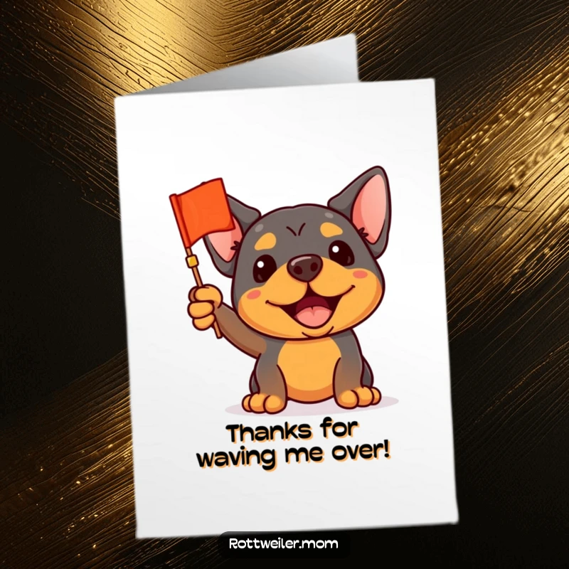 Funny Free Printable Rottweiler Thank You Card: A dog waves a small flag with a happy expression.