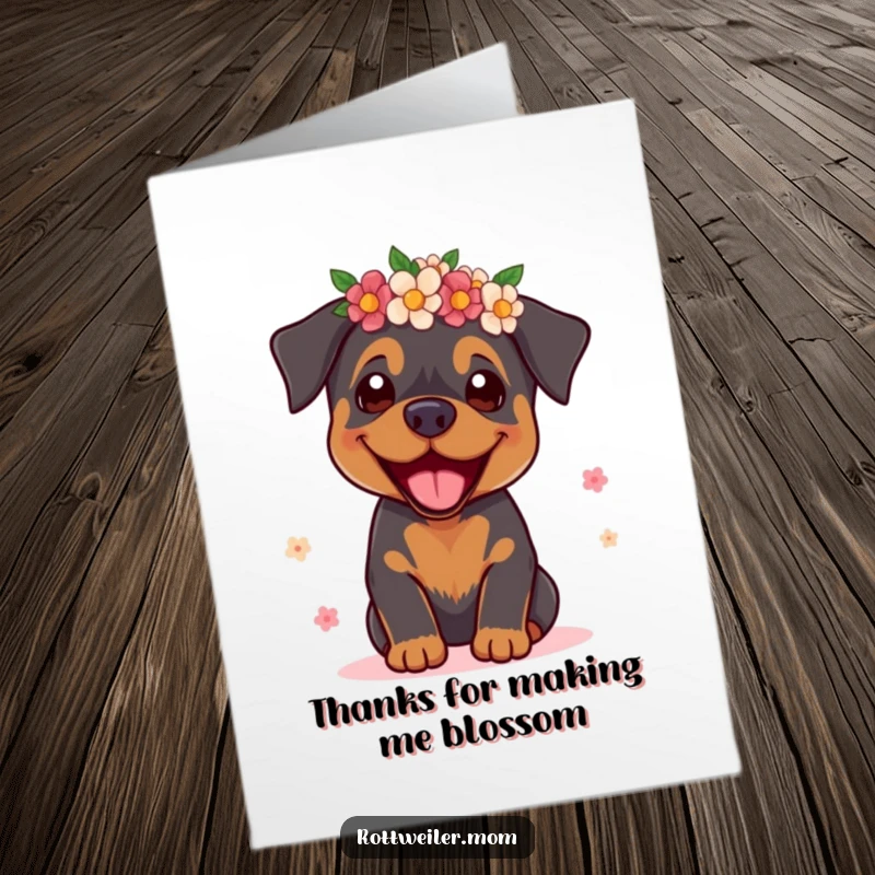 Funny free printable thank you card: a rottweiler in a flower crown poses like a supermodel, expressing heartfelt thanks.