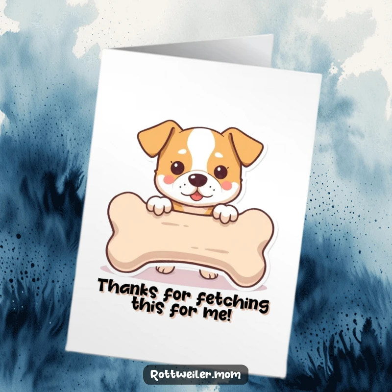 Funny free printable thank you card depicting a dog peeking playfully behind a sizable bone, showing appreciation.