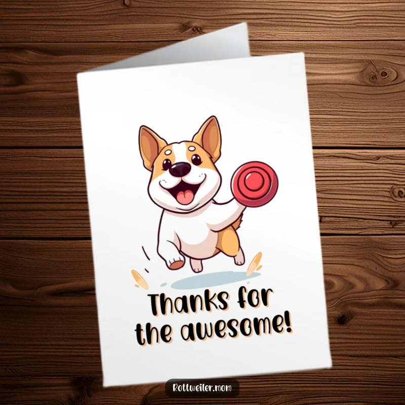 Funny Free Printable Thank You Card: Stocky dog with alert ears enthusiastically chases a frisbee, a dynamic thank you gesture.