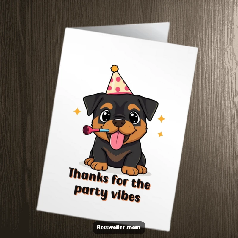 Funny Free Printable Thank You Card: Rottweiler puppy wearing a party hat, blowing a noisemaker enthusiastically to express thanks.