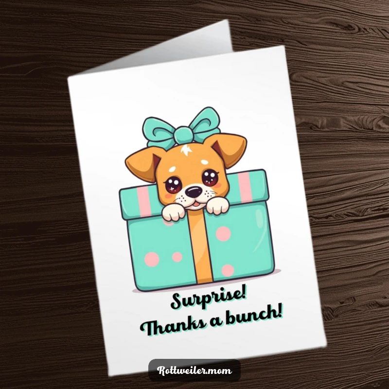 Funny Free Printable Thank You Card: A dog with excited, sparkling eyes peeks from behind a large, colorful gift.