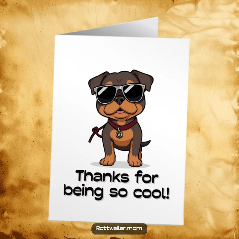 Funny Free Printable Thank You Card: A Rottweiler wearing oversized sunglasses, confidently strutting with a leash, saying thanks.