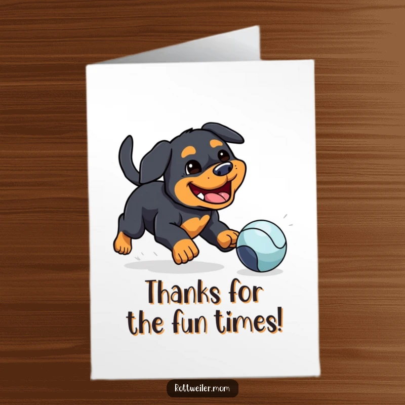 Funny Free Printable Thank You Card featuring a happy kawaii Rottweiler mid-chase, ready to deliver a thankful wag.