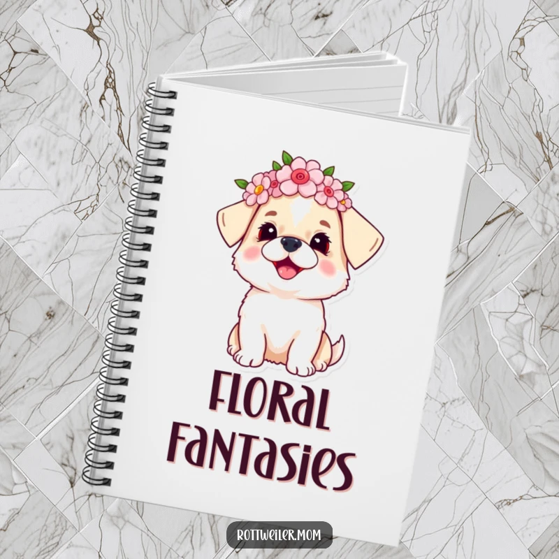Funny dog notebook cover with a small dog wearing a flower crown, looking upwards with a joyful expression, ready to capture ideas.