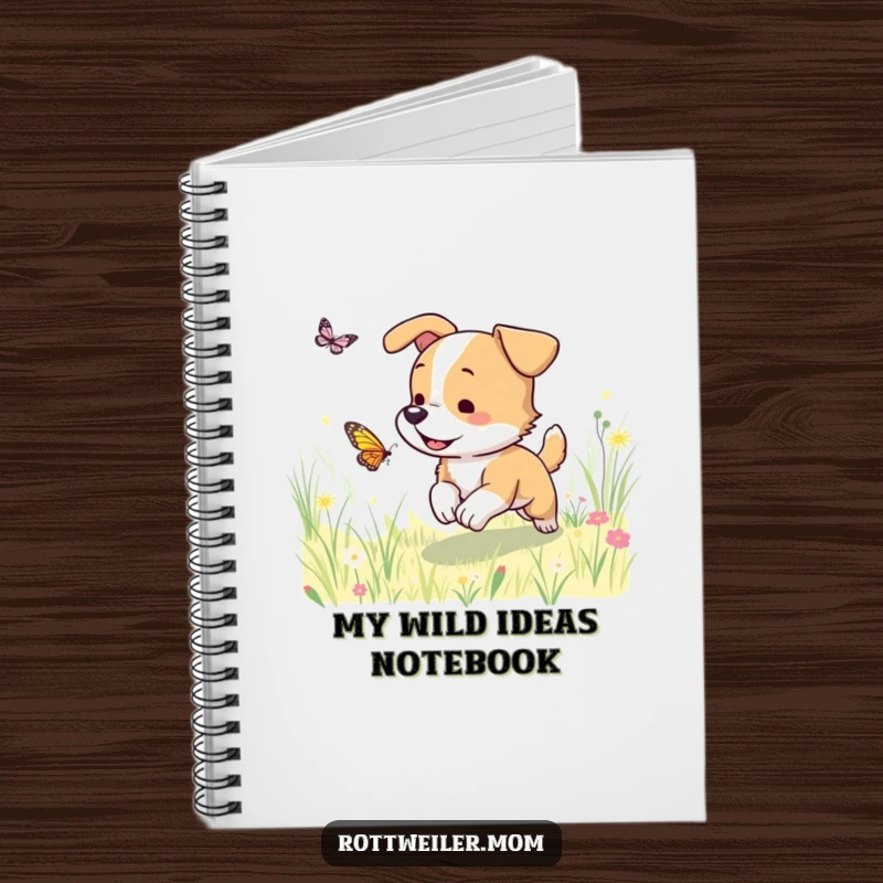 Funny dog notebook with a dog chasing a butterfly in a meadow, ideal for writing, drawing, and capturing joyful ideas.
