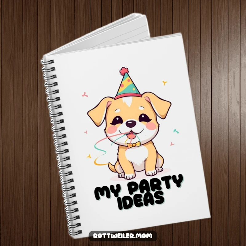 Funny dog party notebook featuring a dog in a party hat blowing a streamer with glee, ideal for journaling and planning.