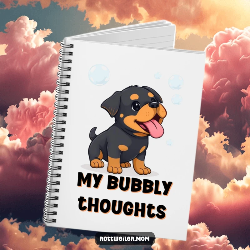 Funny Kawaii Rottweiler with tongue out, playfully attempting to catch bubbles, on a notebook cover for fun notes.
