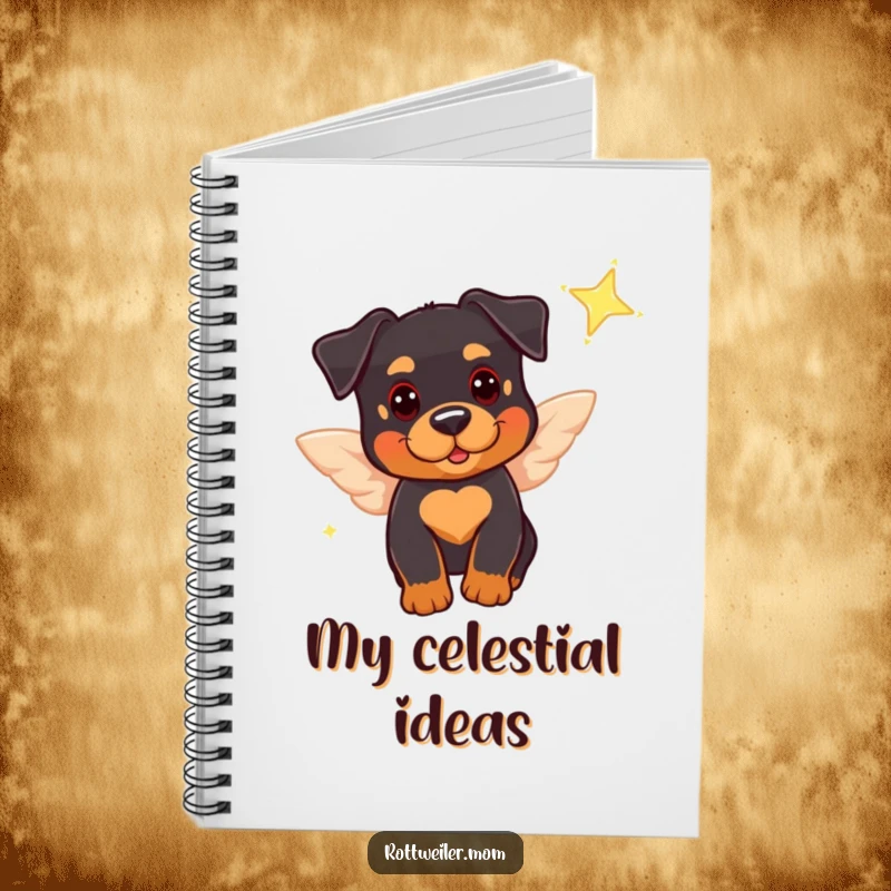 Funny notebook with a cute Rottweiler wearing tiny wings, playfully near a sparkling star, perfect for jotting notes with canine whimsy.