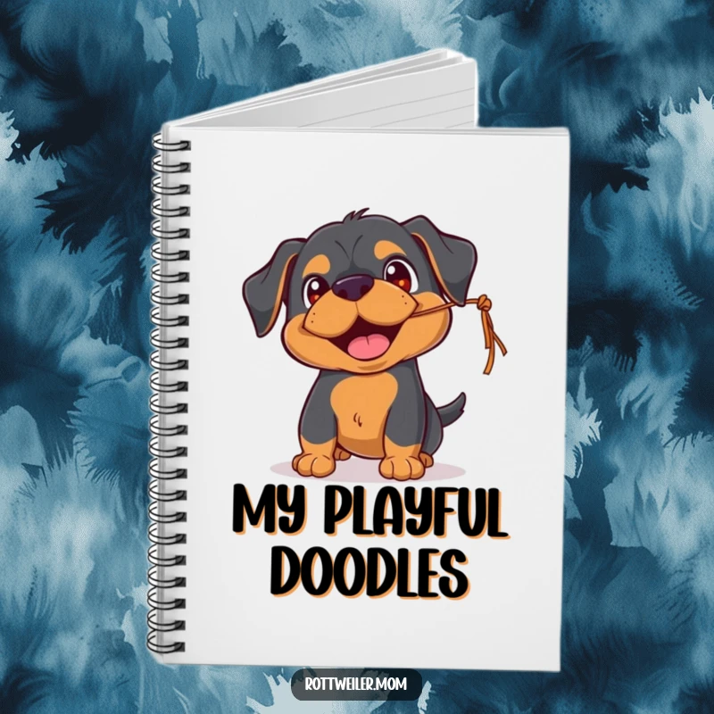 Funny Rottweiler notebook featuring a playful pup with happy eyes, batting at a dangling string, perfect for jotting down fun ideas.