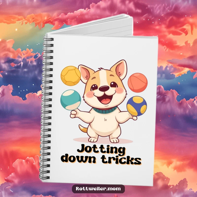 Funny notebook featuring a happy dog juggling three colorful balls, ideal for jotting down creative and playful thoughts.